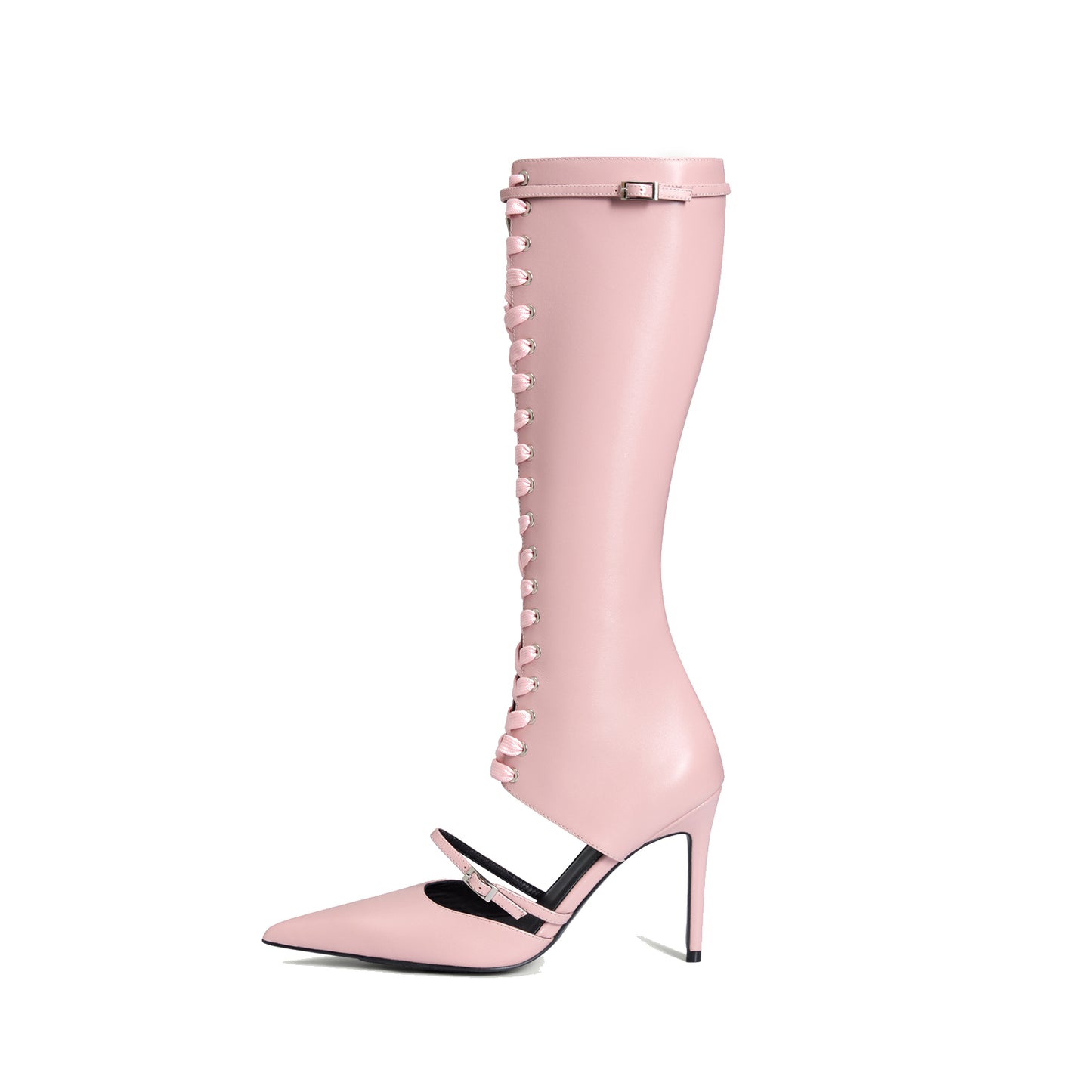Pink Pointed-Toe Front Lace-Up Full-Zip Knee High Stiletto Boots