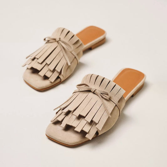 Taupe Faux Suede Peep Square-Toe Front Fringe And Bow Sandals Flats