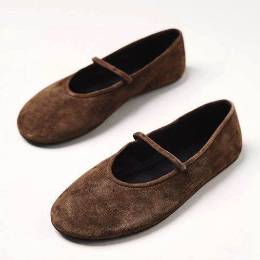 Brown Faux Suede Round-Toe Bridge Strap Ballet Flats