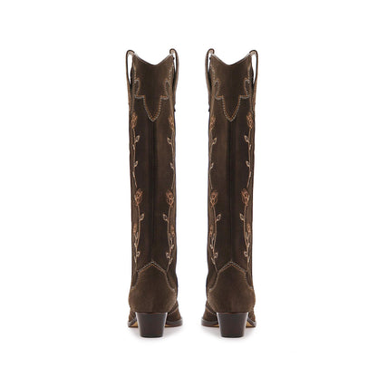 Chocolate Snip-Toe Rose Heart Butterfly Embroidery Wide Calf Knee High Cowgirl Boots