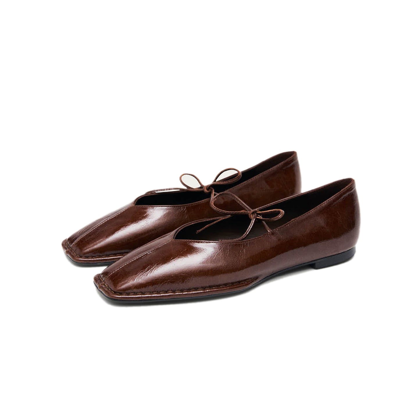 Patent Brown Square-Toe V-Cut Vamps Middle Bow Ballet Flats
