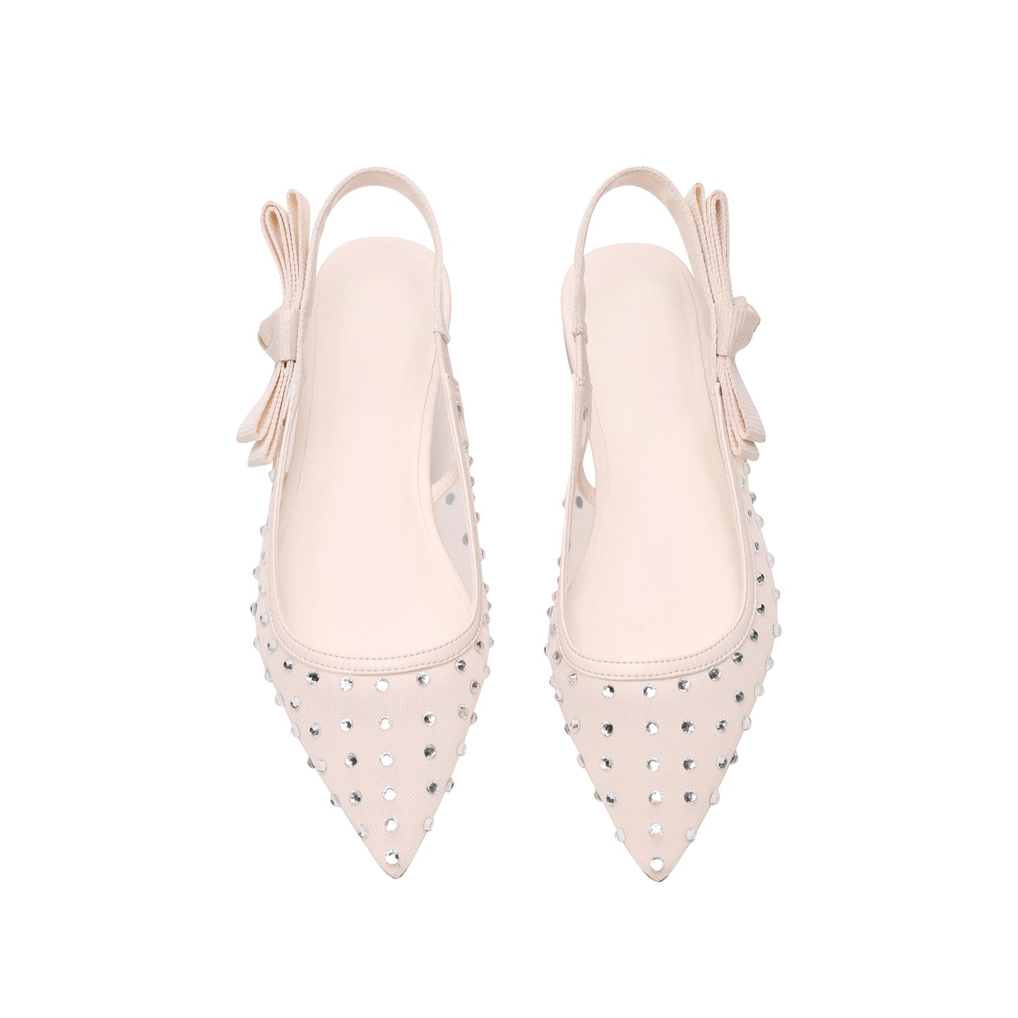 Ivory Mesh Pointed-Toe Rhinestones And Slingback With Bow Flats