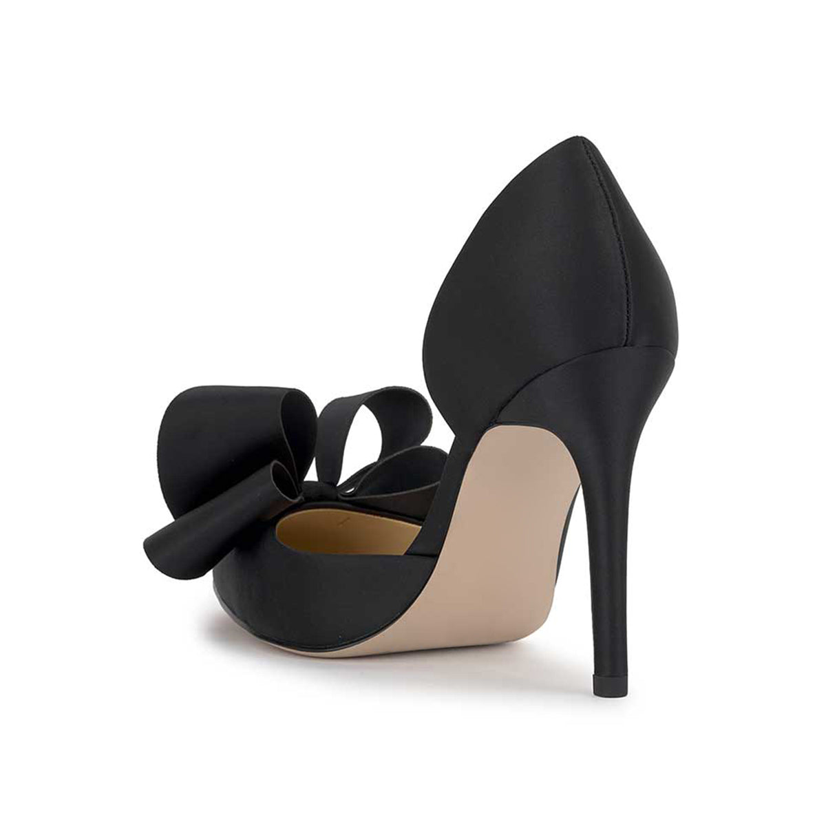 Black Satin Pointed-Toe Front Big Bow Sleek Slip-On High Heels