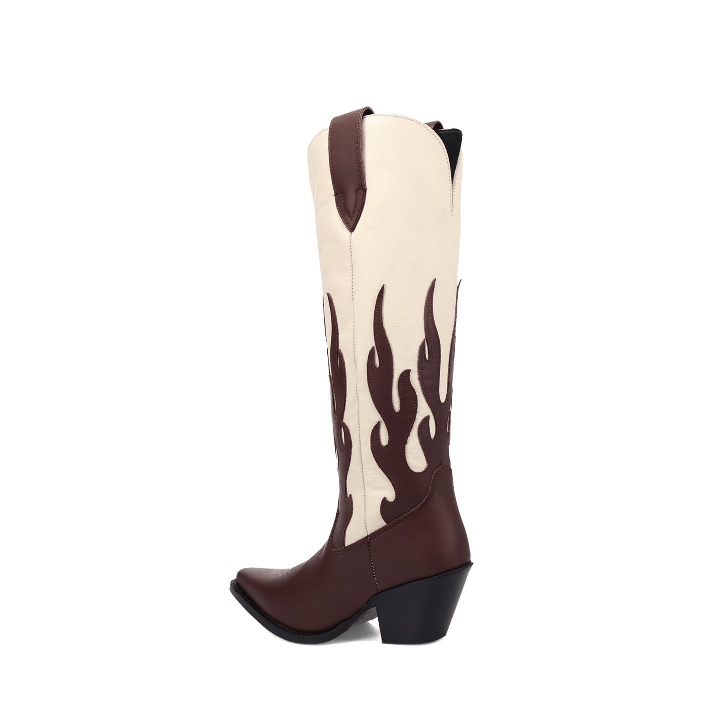 Contrast Brown And Ivory Pointed-Toe Flame Appliques Wide Calf Knee High Cowgirl Boots