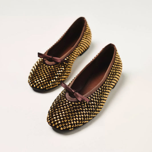 Cocoa Velvet Round-Toe Center Studded Bow Slip-on Ballet Flats
