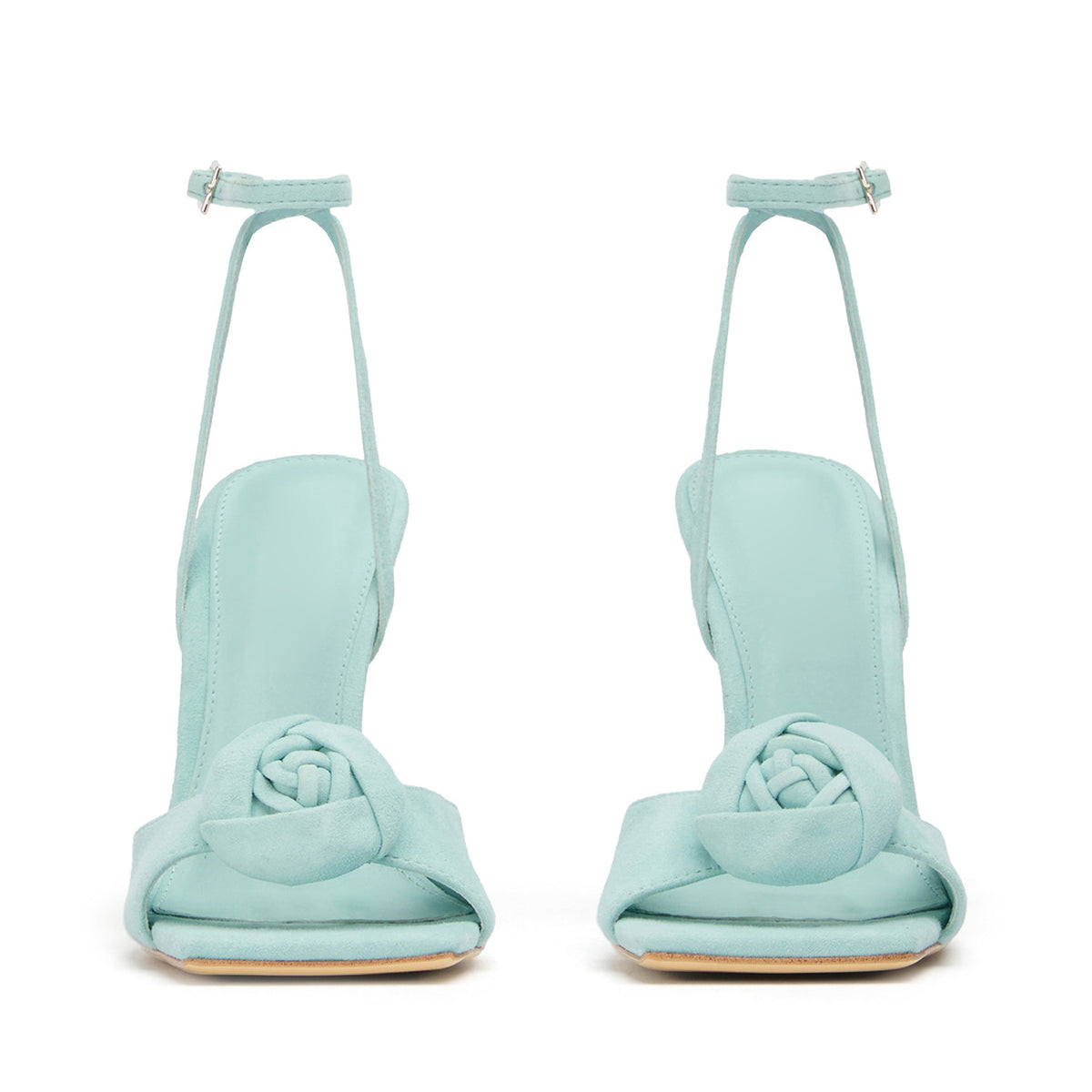 Turquoise Faux Suede Square-Toe Front Rose Ankle Strap High Heels