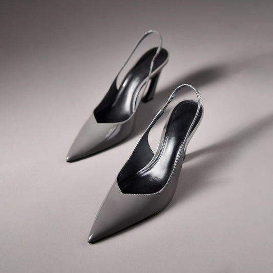 Patent Grey Pointed-Toe Classic Simple Slingback High Heels