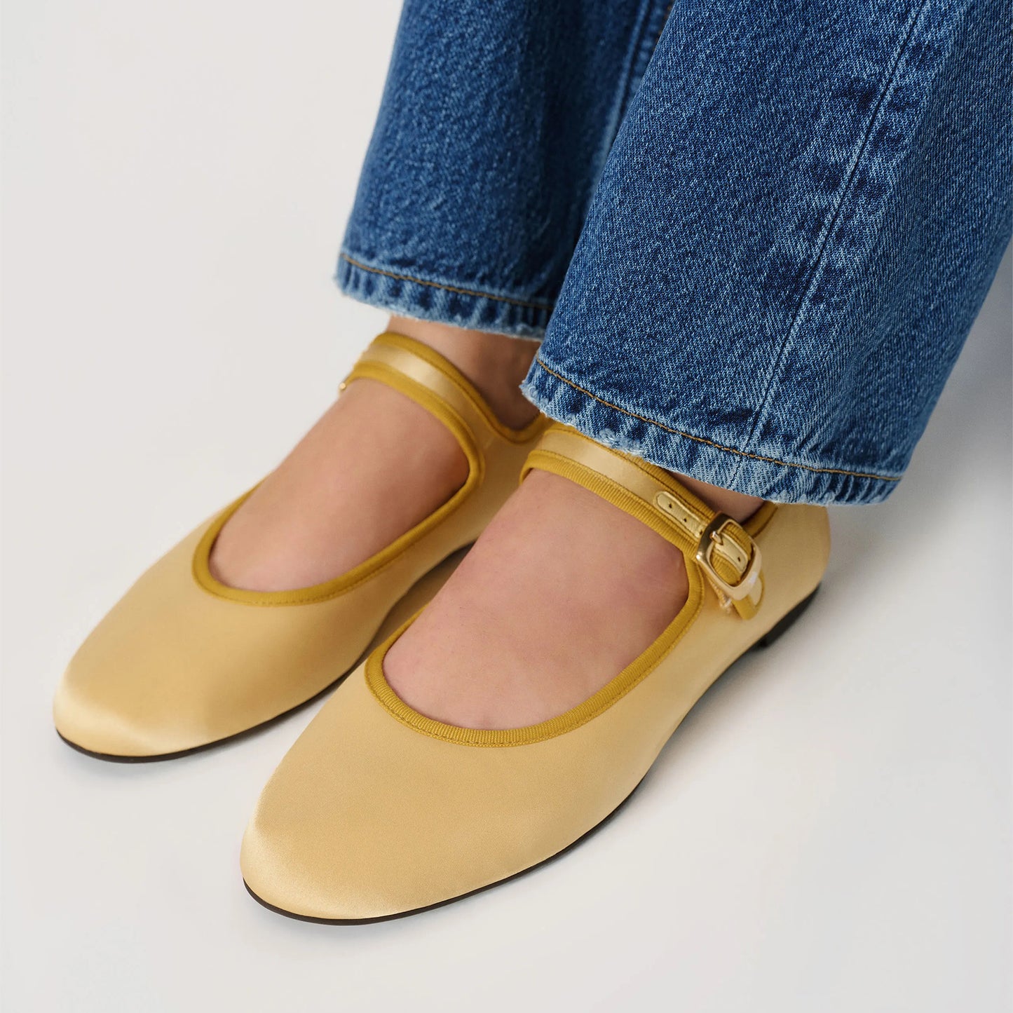 Lemon Yellow Satin Round-Toe Bridge Buckle Strap Ballet Classic Flats
