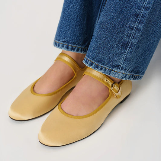 Lemon Yellow Satin Round-Toe Bridge Buckle Strap Ballet Classic Flats