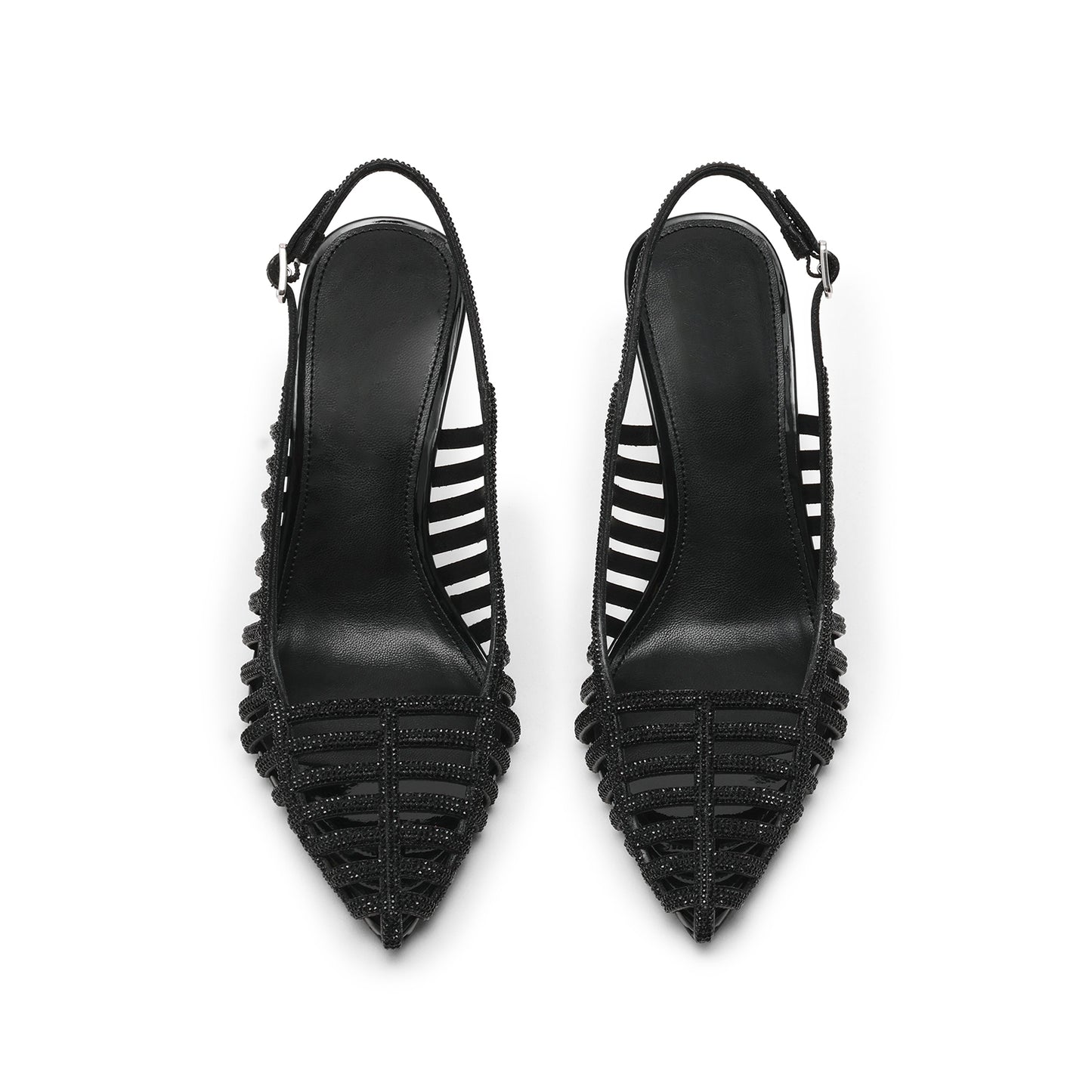 Black Faux Suede Pointed-Toe Rhinestones Strappy And Slingback Kitten Heels