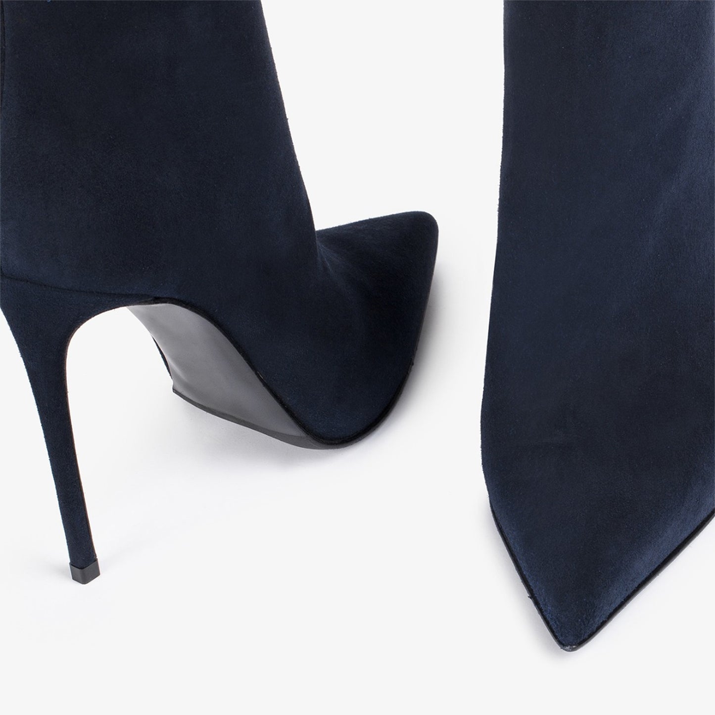 Dark Blue Faux Suede Pointed-Toe Simple Full-Zip Ankle Stiletto Boots