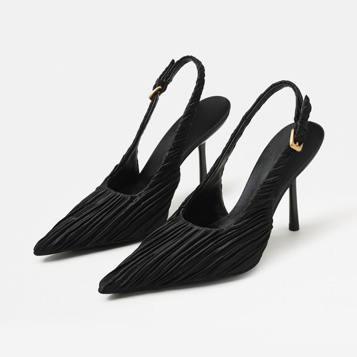 Black Striped Satin Pointed-Toe Back Strap Chic High Heels Pumps