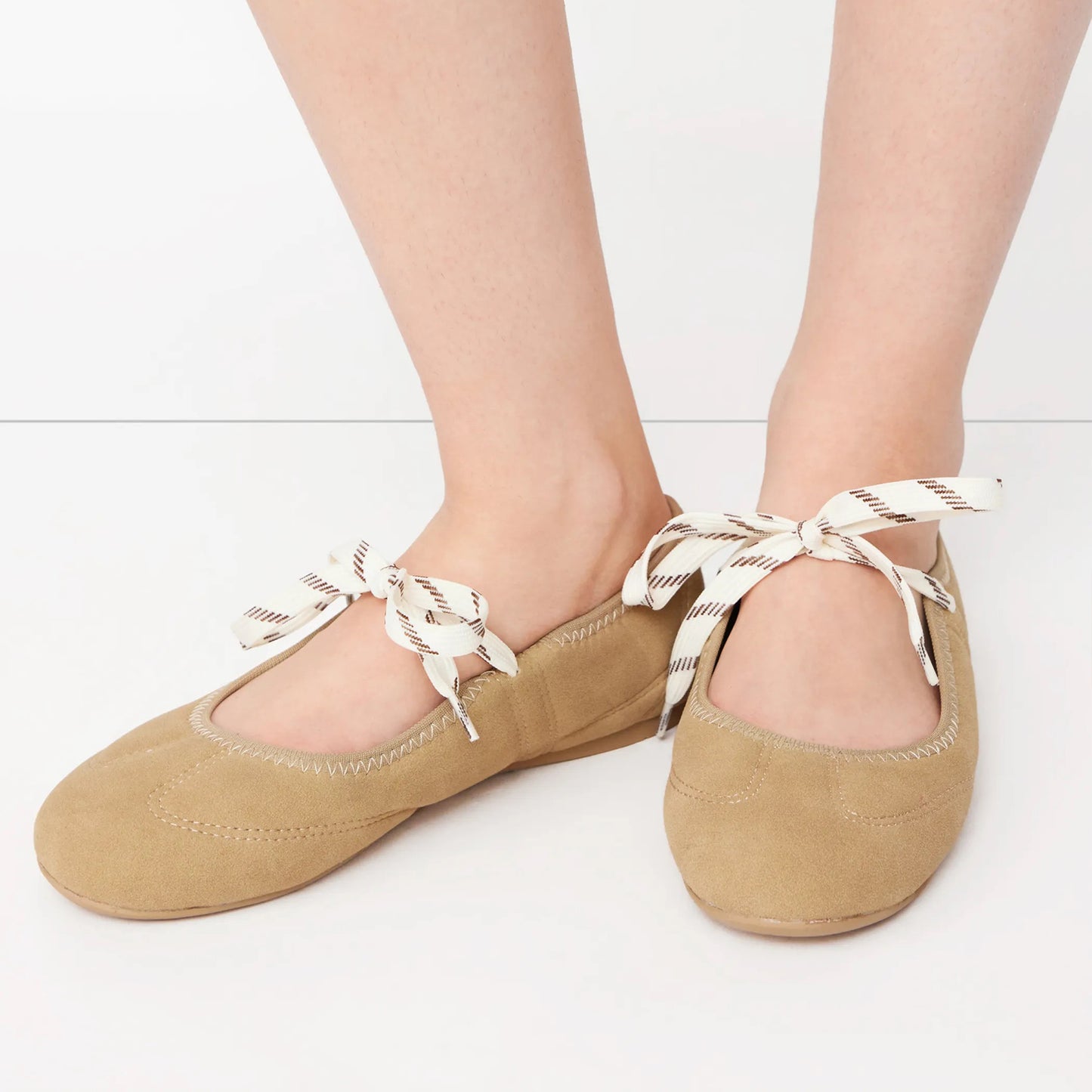 Khaki Faux Suede Round-Toe Middle Strap Simple Ballet Flats