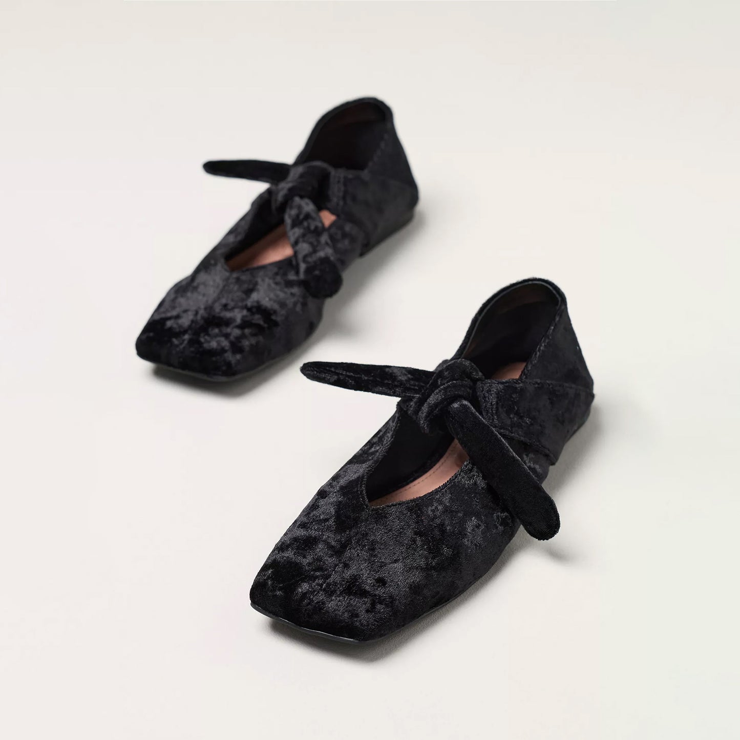 Black Velvet Square-Toe Bow Mary Jane Ballet Flats