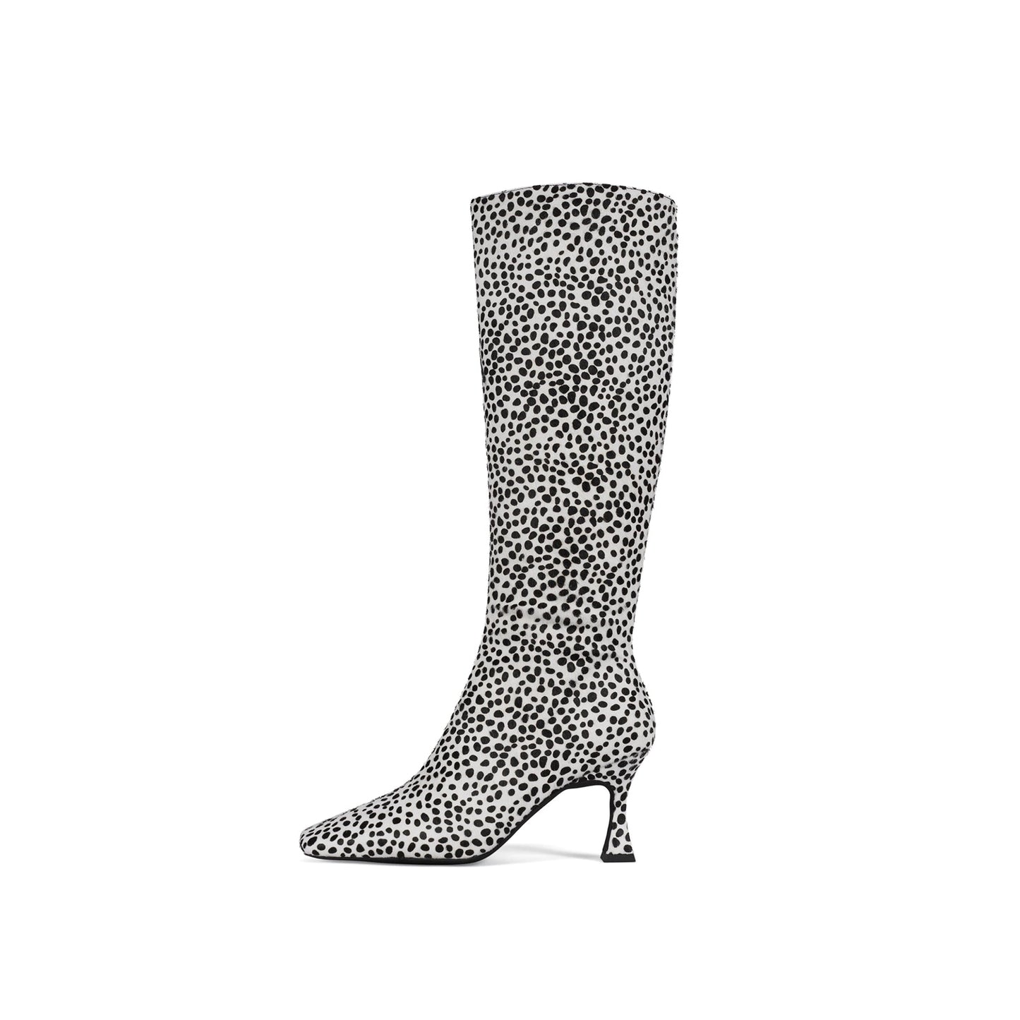 White Pony Hair Print Square-Toe Black Spots Full-Zip Knee High Stiletto Boots