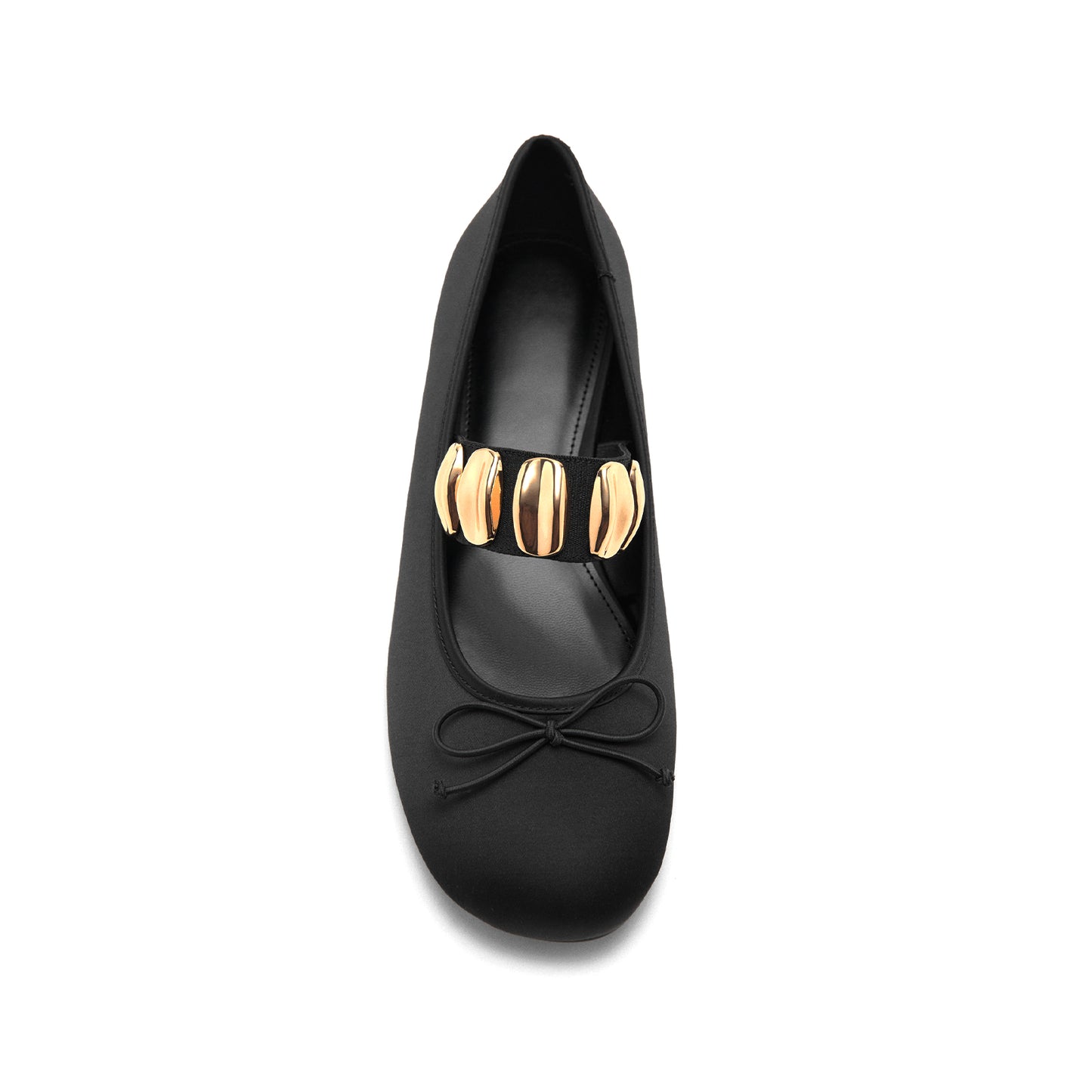 Black Satin Square-Toe Front Bow And Studded Mary Jane Ballet Flats