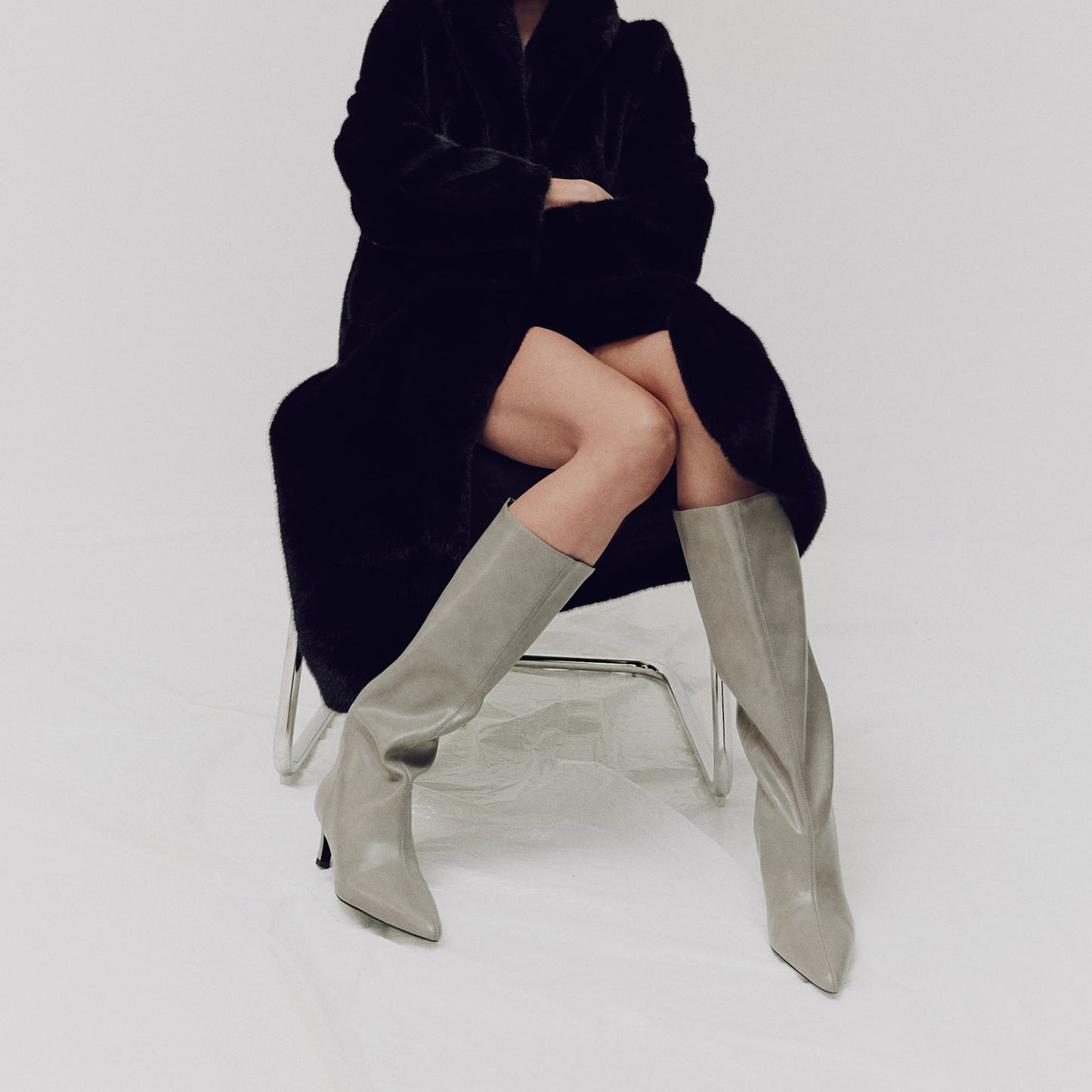 Gray Pointed-Toe Sleek Wide Calf Knee High Stiletto Boots
