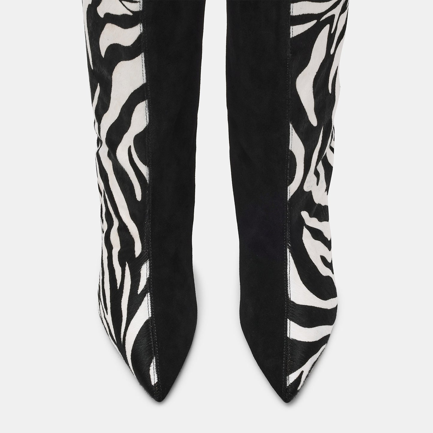 Black Faux Suede And Zebra Pattern Vegan Leather Pointed-Toe Wide Calf Knee High Stiletto Boots