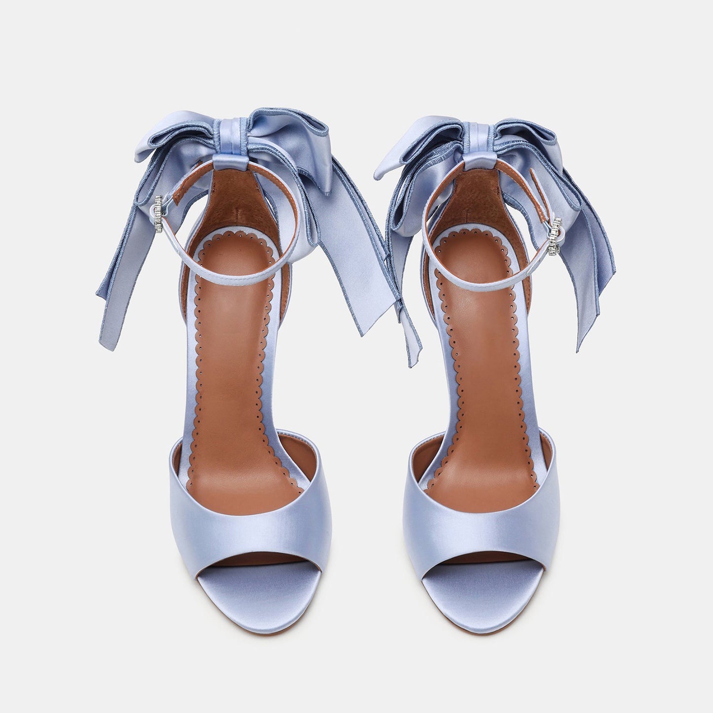 Blue Satin Round-Toe Back Big Bow And Ankle Strap Chic High Heels