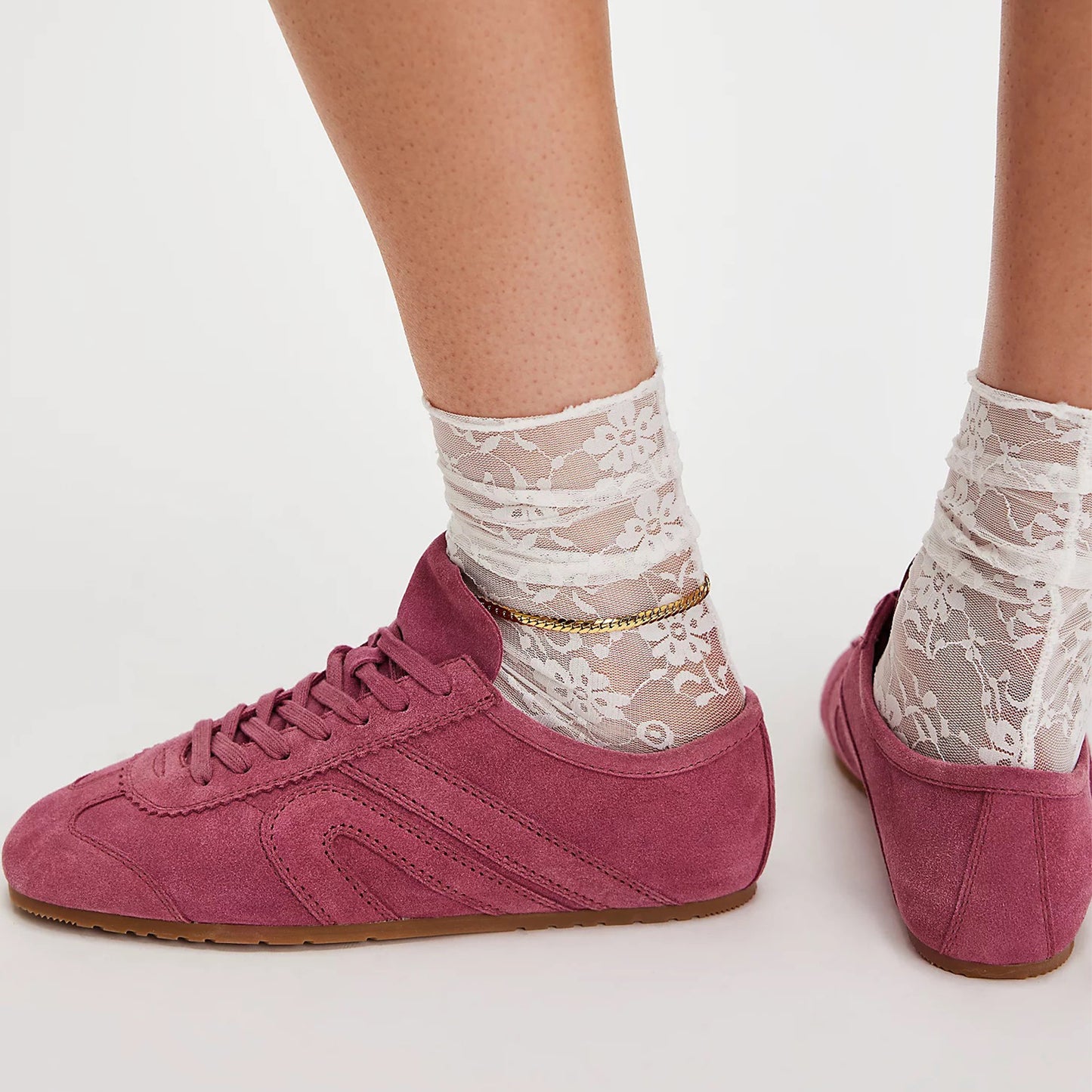 Fuchsia Faux Suede Square-Toe Lace-Up Sneakers Flats