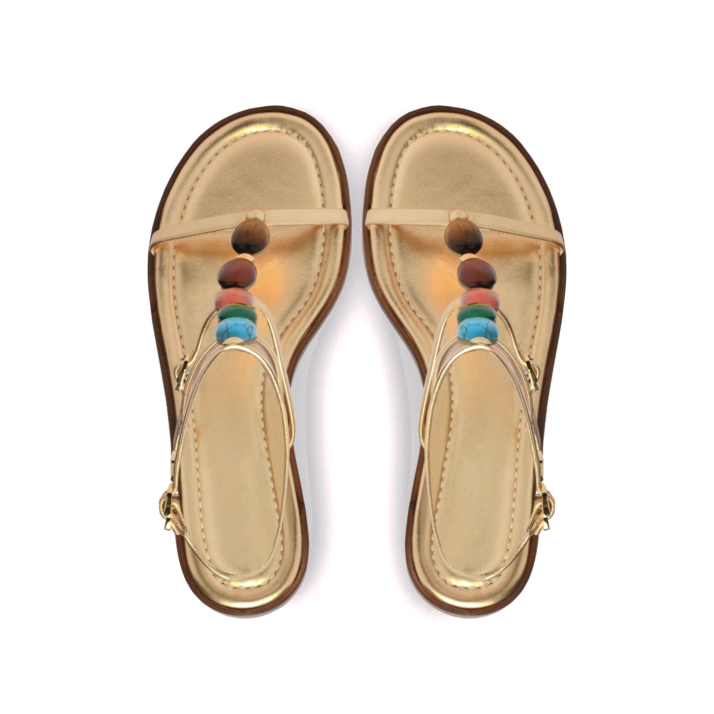Metallic Gold Square-Toe Colorful Crystals Double Ankle Straps Flats