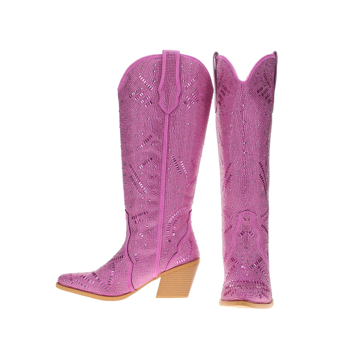 Purple Faux Suede Pointed-Toe Full Crystals Wide Calf Knee High Cowgirl Boots