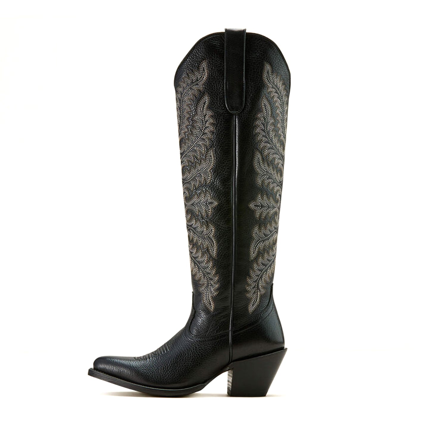 Black Almond-Toe Intricate Stitching Wide Calf Knee High Cowgirl Boots