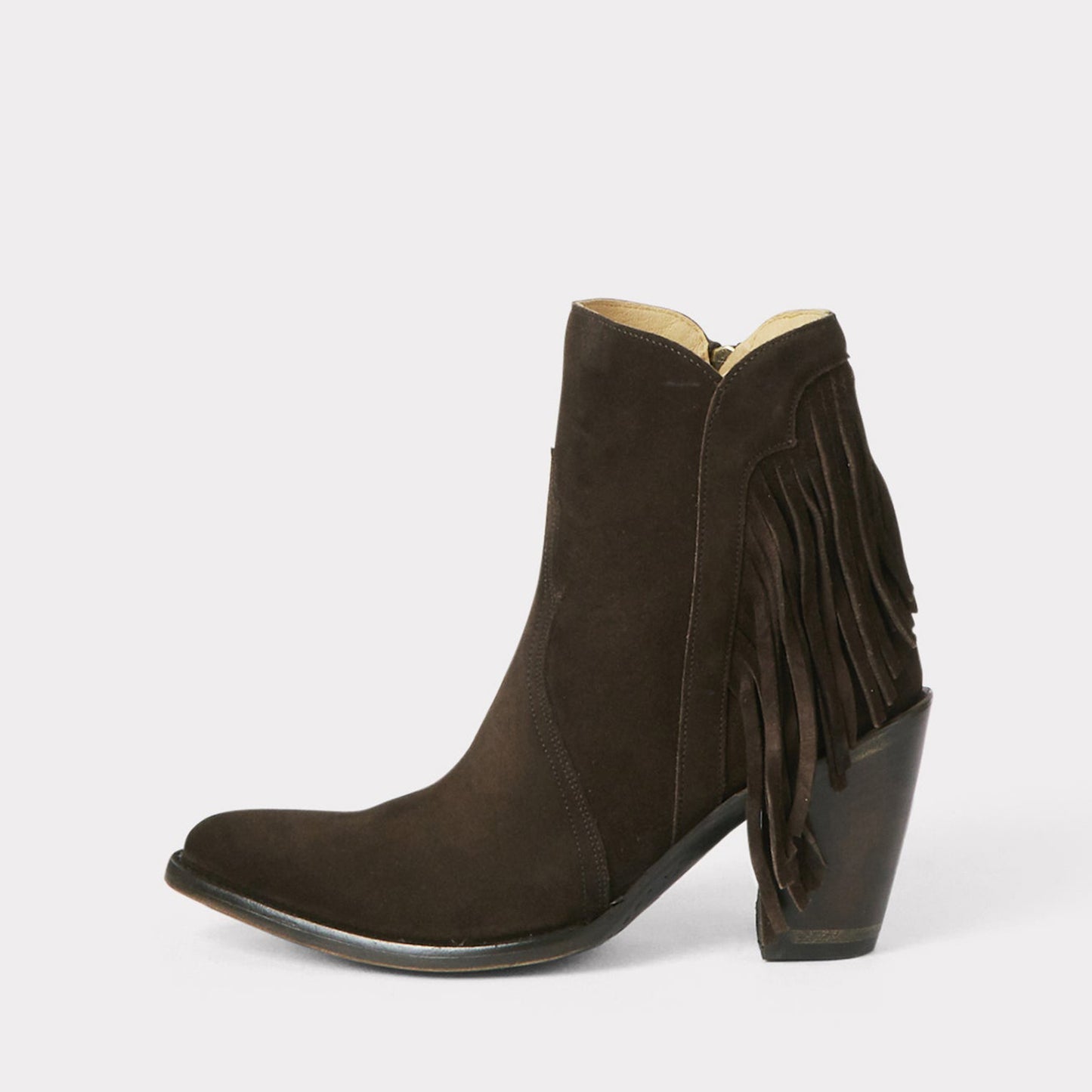 Chocolate Faux Suede Round-Toe Side Fringe Half-Zip Simple Ankle Cowgirl Boots