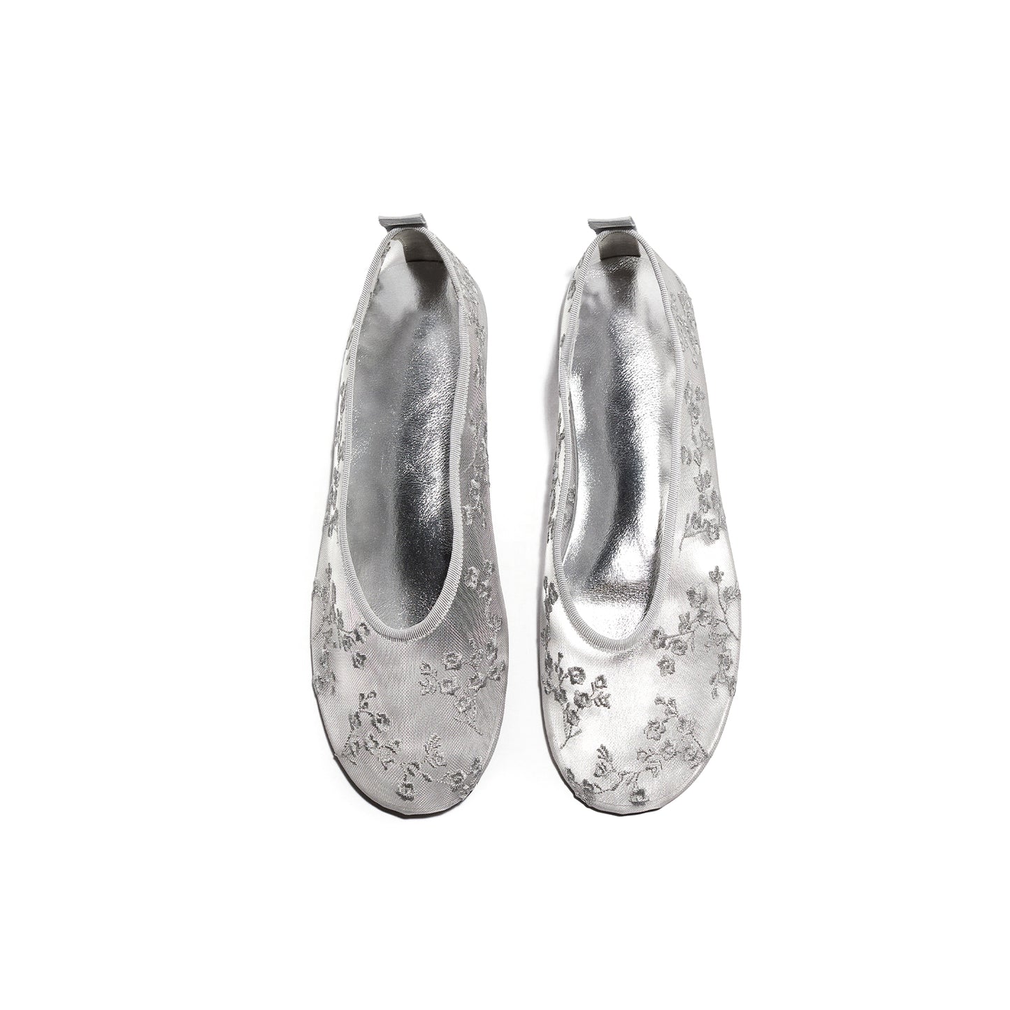 Silver Mesh Round-Toe Floral Embroidery Ballet Flats