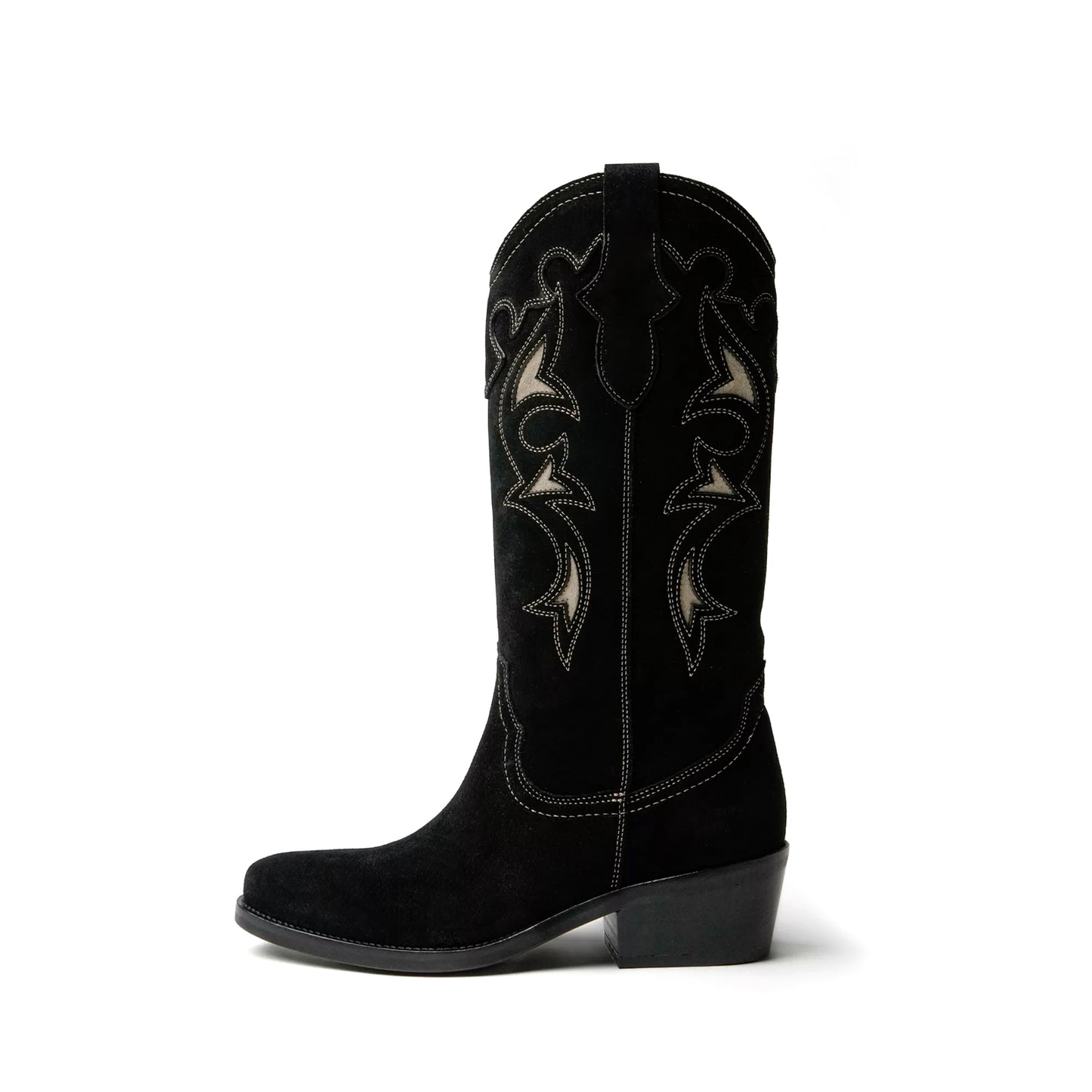 Black Faux Suede Round-Toe Inlays And Embroidery Mid Calf Cowgirl Boots
