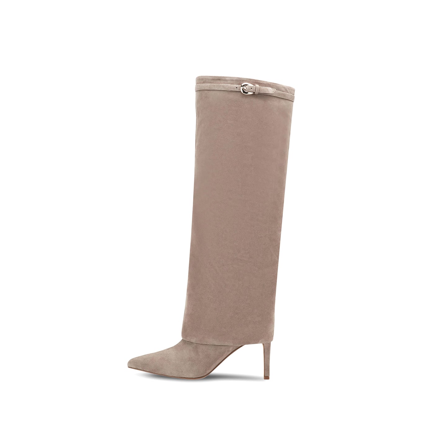Taupe Velvet Pointed-Toe Sleek Fold-Over Wide Calf Knee High Stiletto Boots