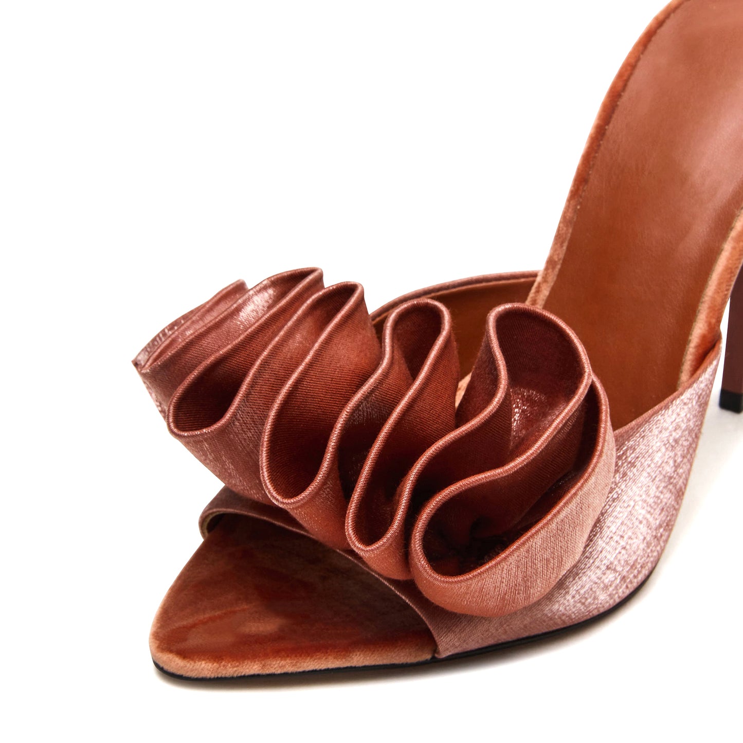 Tan Satin Pointed-Toe Slip-On Ruffle High Heels