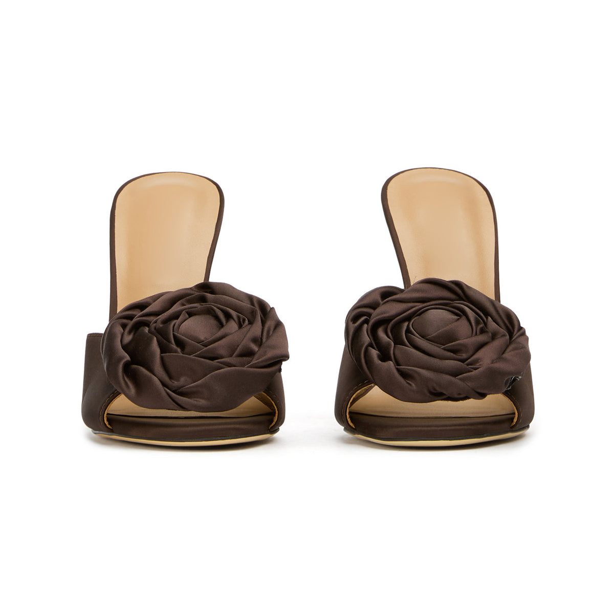 Chocolate Satin Round-Toe Front Big Rose Backless High Heels