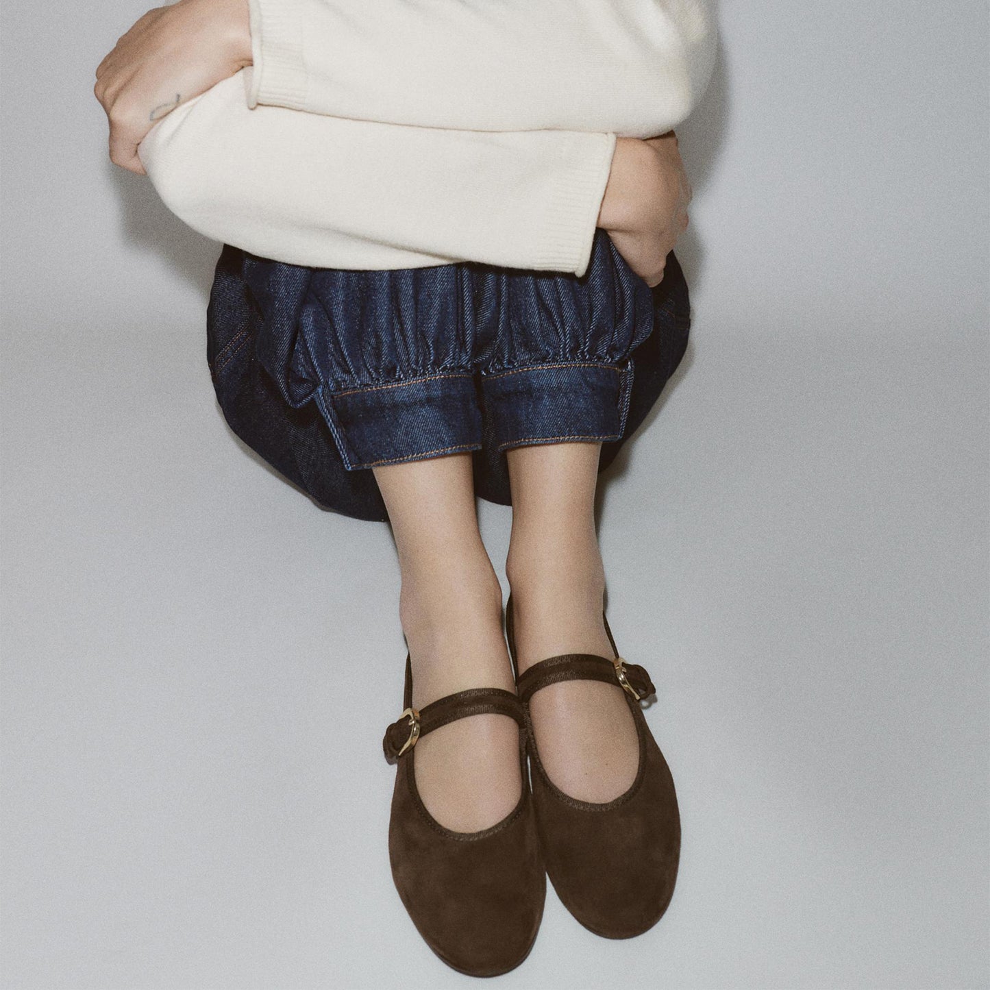 Brown Faux Suede Round-Toe Instep Buckle Closure Ballet Flats