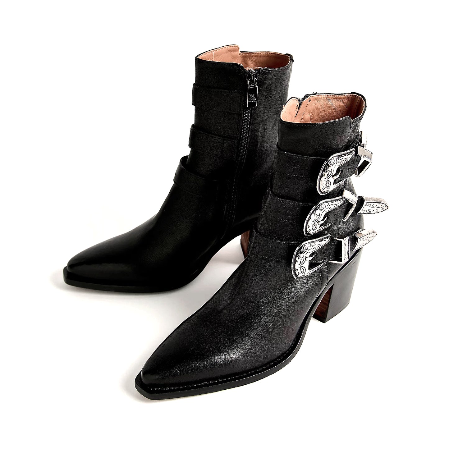 Black Pointed-Toe Three Buckle Straps Full-Zip Ankle Cowgirl Boots