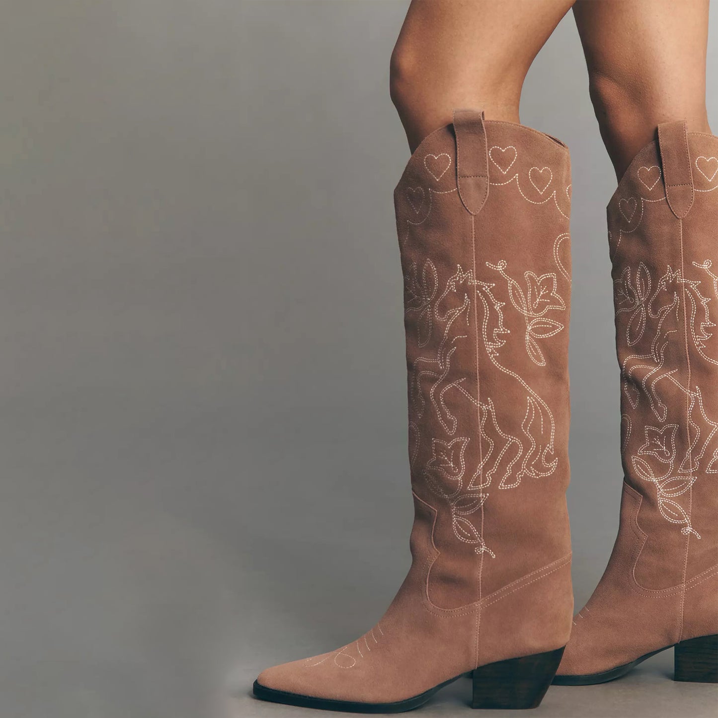 Mauve Faux Suede Round-Toe Heart Flowers Horse Embroidery Wide Calf Knee High Cowgirl Boots