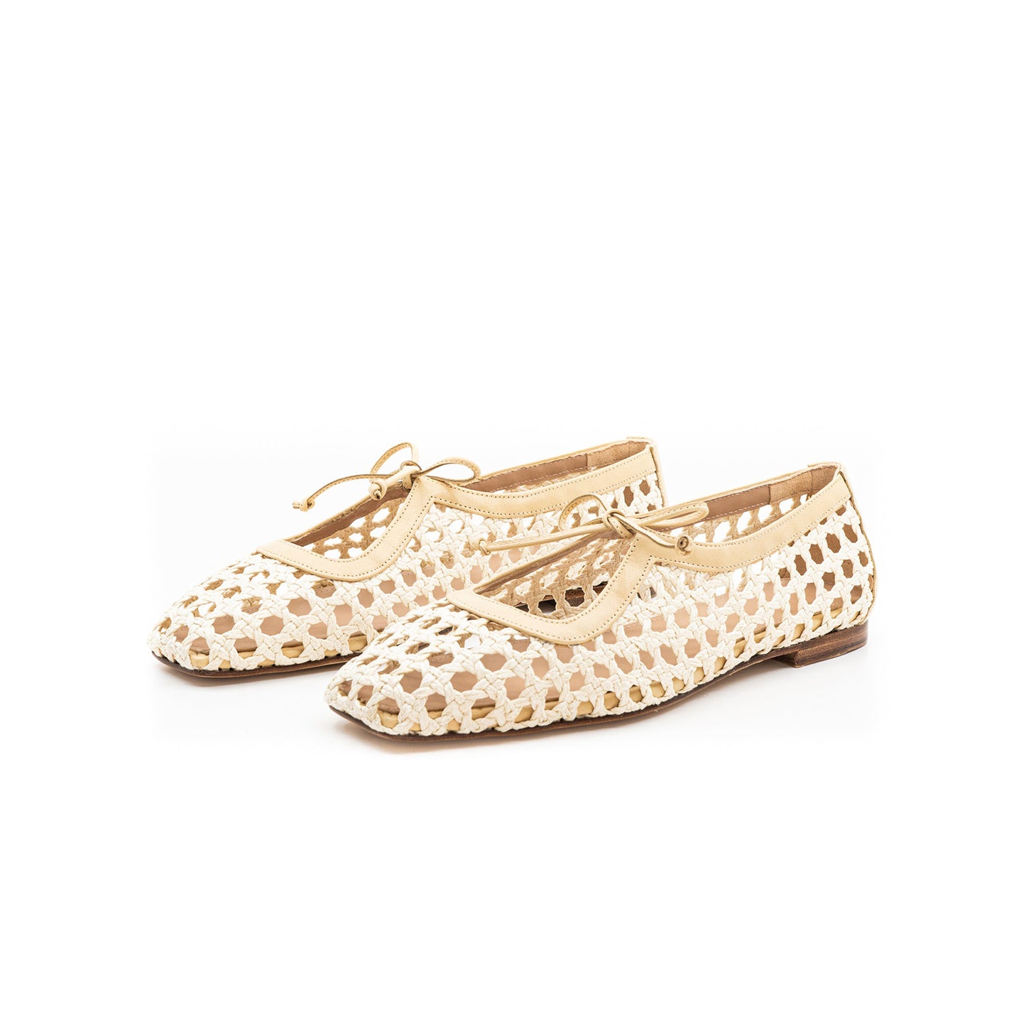 Bone Woven Vegan Leather Square-Toe Vamp Strap With Bow Ballet Flats
