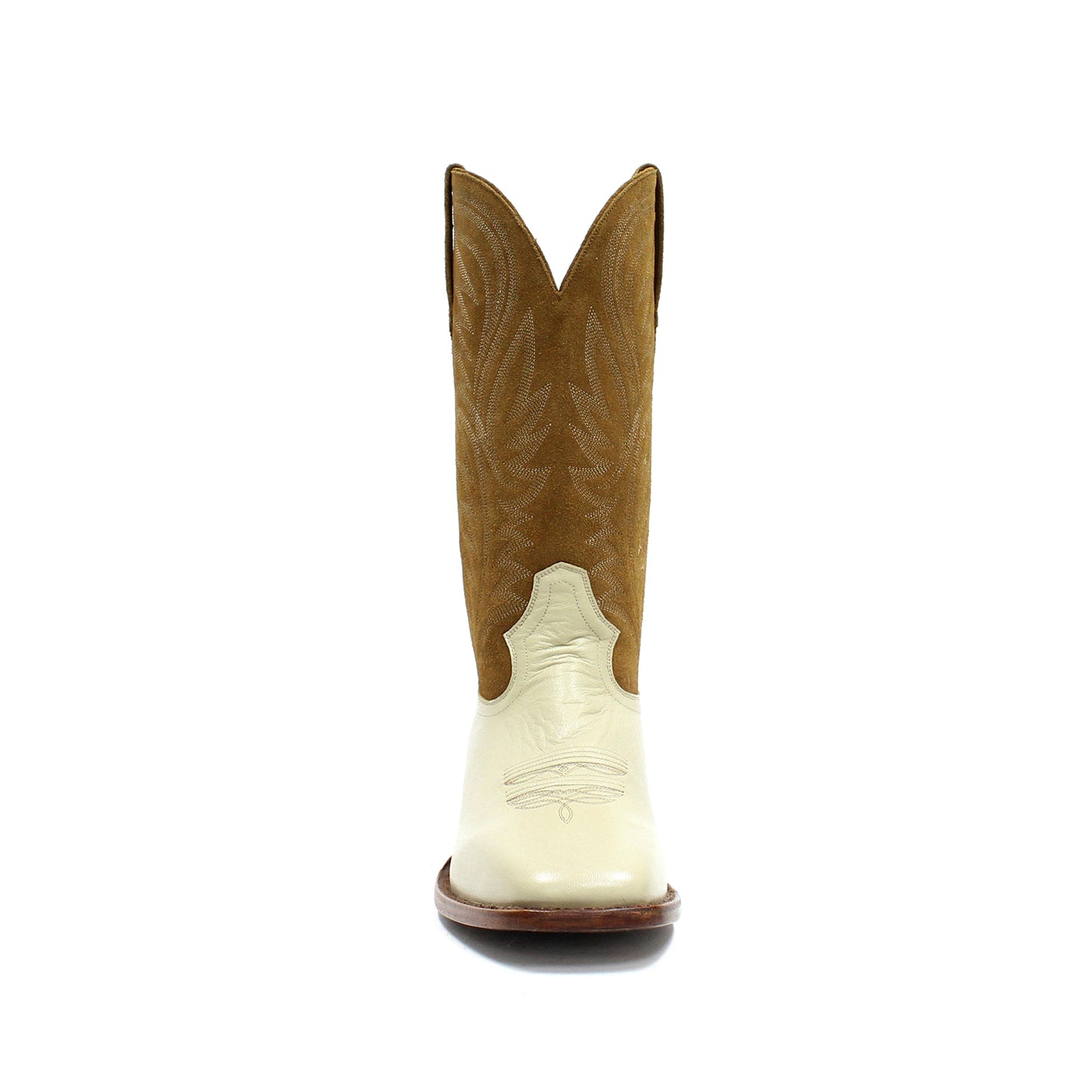 Contrast Brown And Bone Square-Toe Embroidery Mid Calf Cowgirl Boots