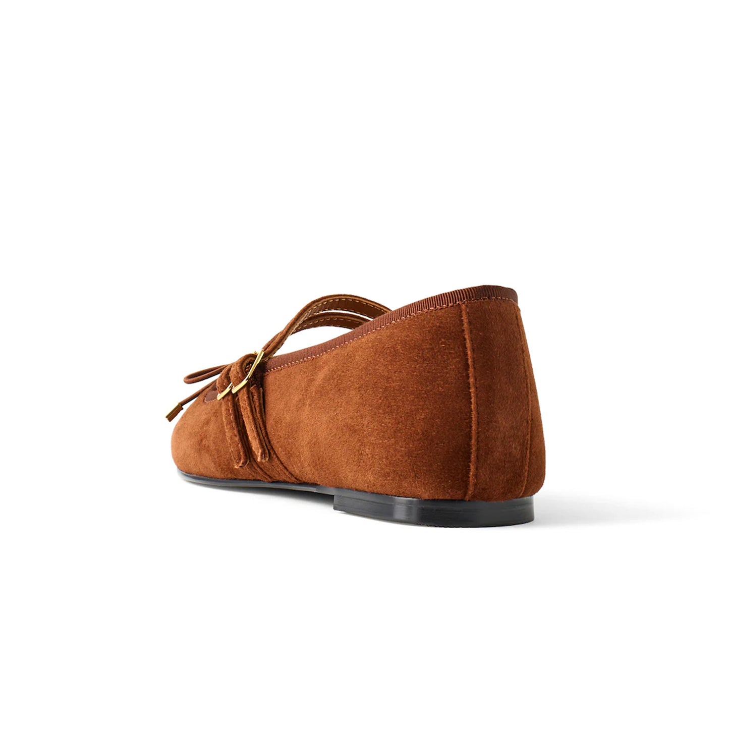 Mahogany Faux Suede Square-Toe Double Bridge Strap Front Bow Ballet Flats