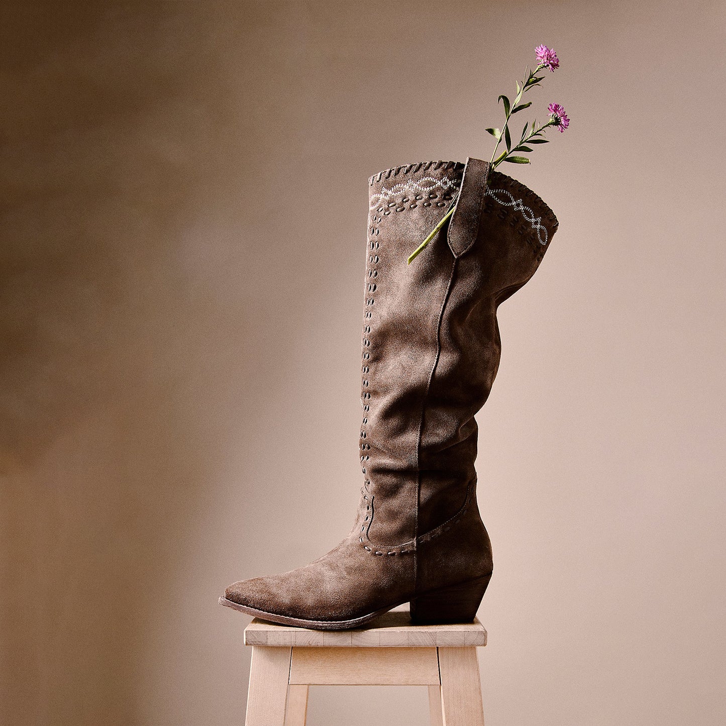 Taupe Almond-Toe Running Stitch And Embroidery Wide Calf Knee High Cowgirl Boots