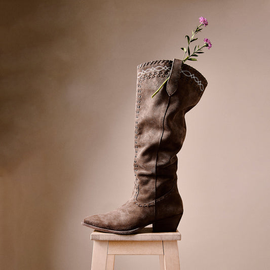 Taupe Almond-Toe Running Stitch And Embroidery Wide Calf Knee High Cowgirl Boots
