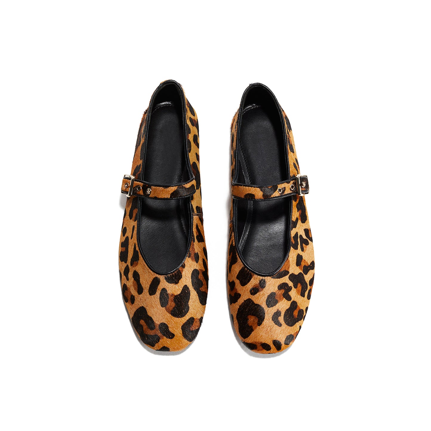 Leopard Pony Hair Square-Toe Bridge Strap Ballet Flats