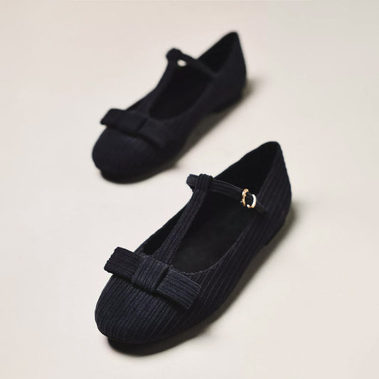 Black Striped Flannel Fabric Round-Toe T-Strap Ballet Flats