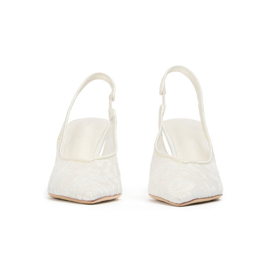 Ivory Lace Mesh Pointed-Toe Classic Slingback Kitten Heels
