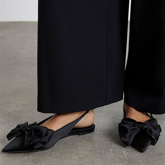 Black Satin Pointed-Toe Front Big Bow Slip-On Slingback Flats