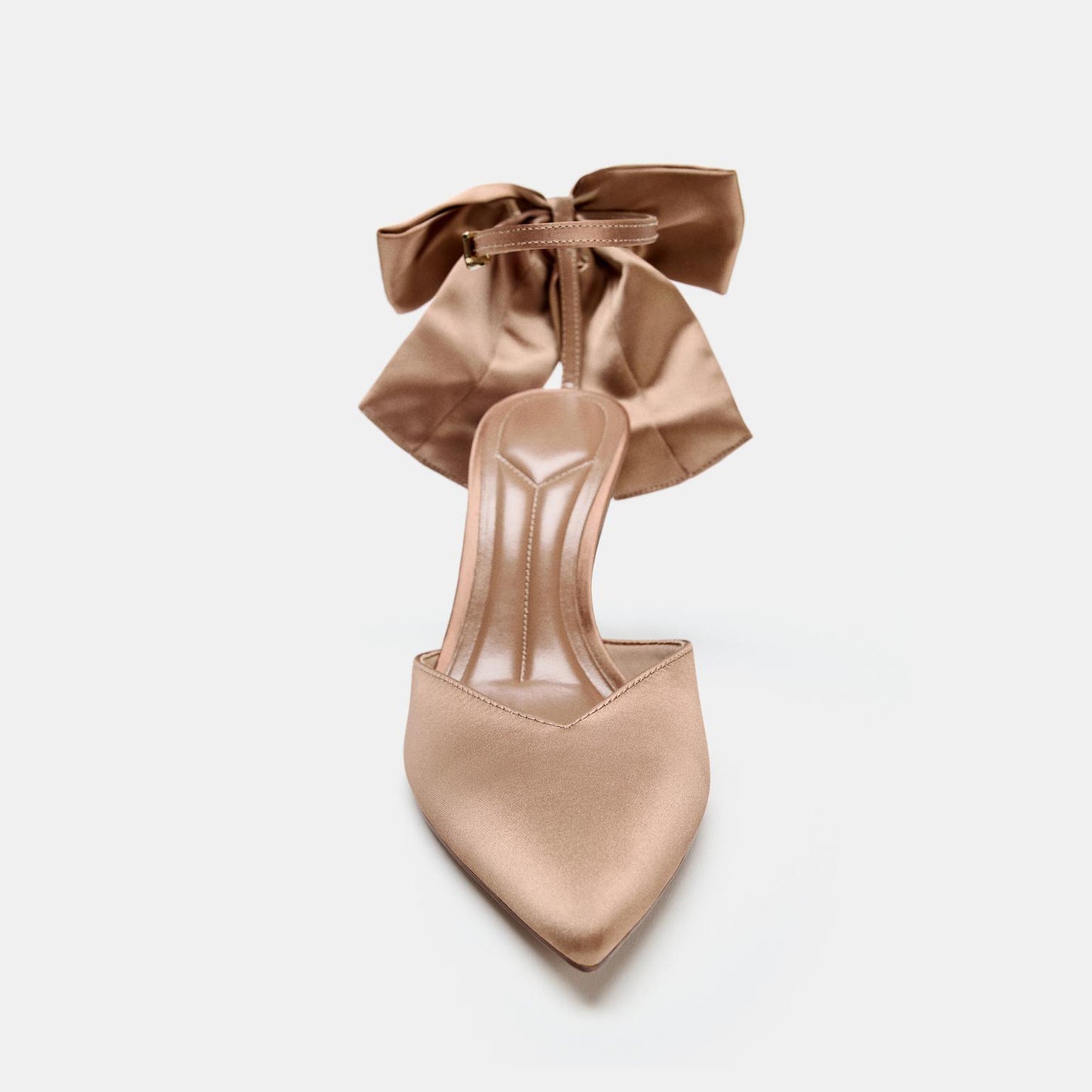 Beige Satin Pointed-Toe Ankle Strap With Big Bow Chic High Heels