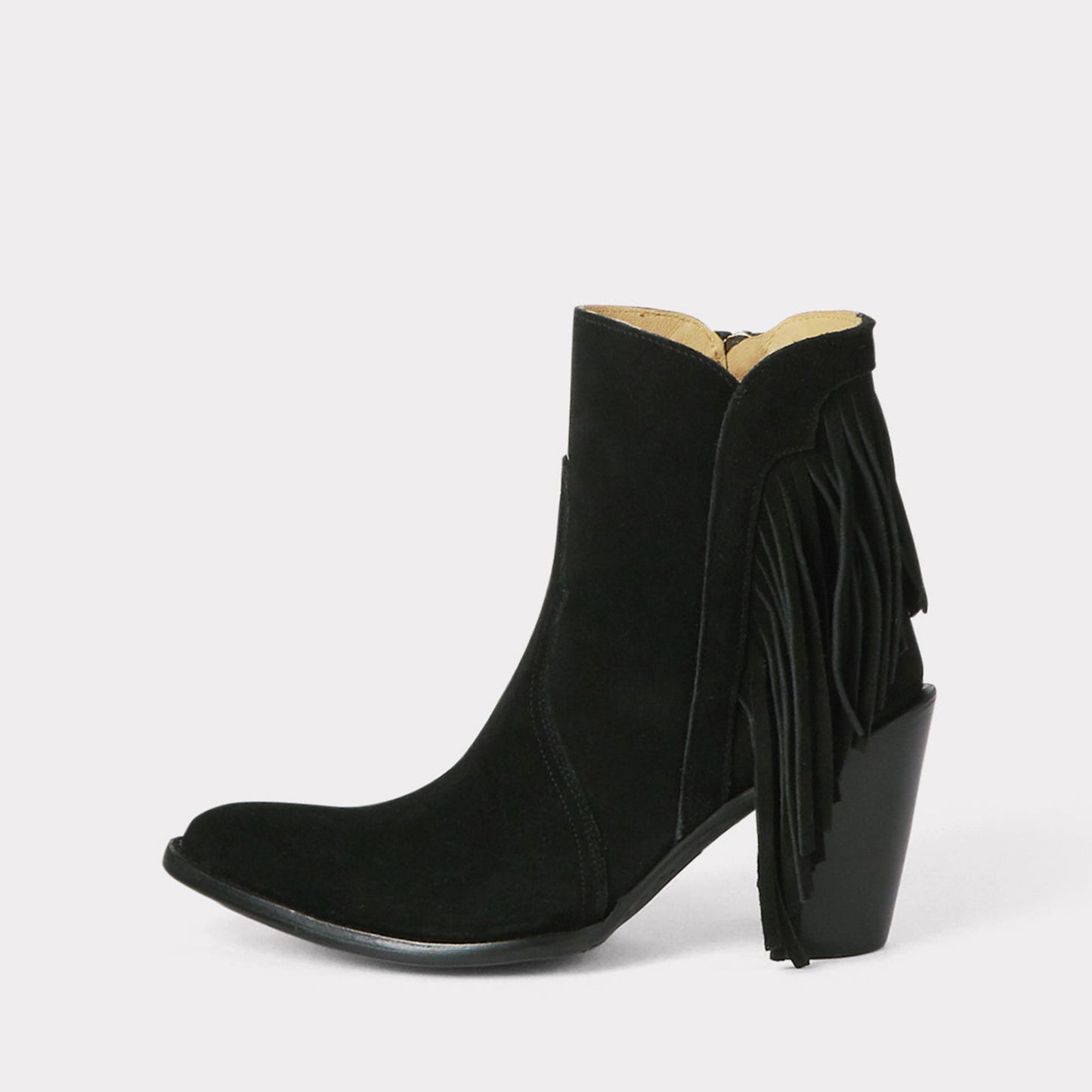 Black Faux Suede Round-Toe Side Fringe Half-Zip Simple Ankle Cowgirl Boots