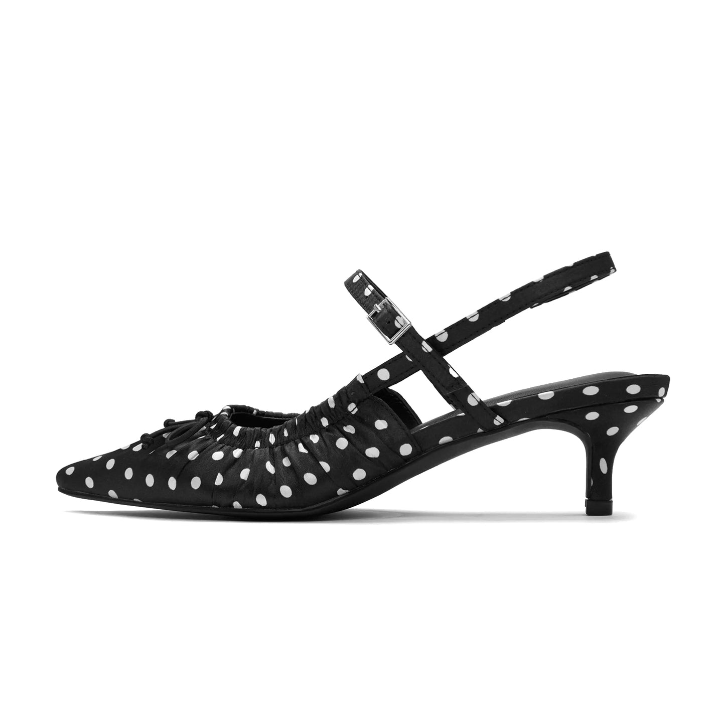 Black Satin White Polka Dot Pointed-Toe Back Strap Kitten Heels