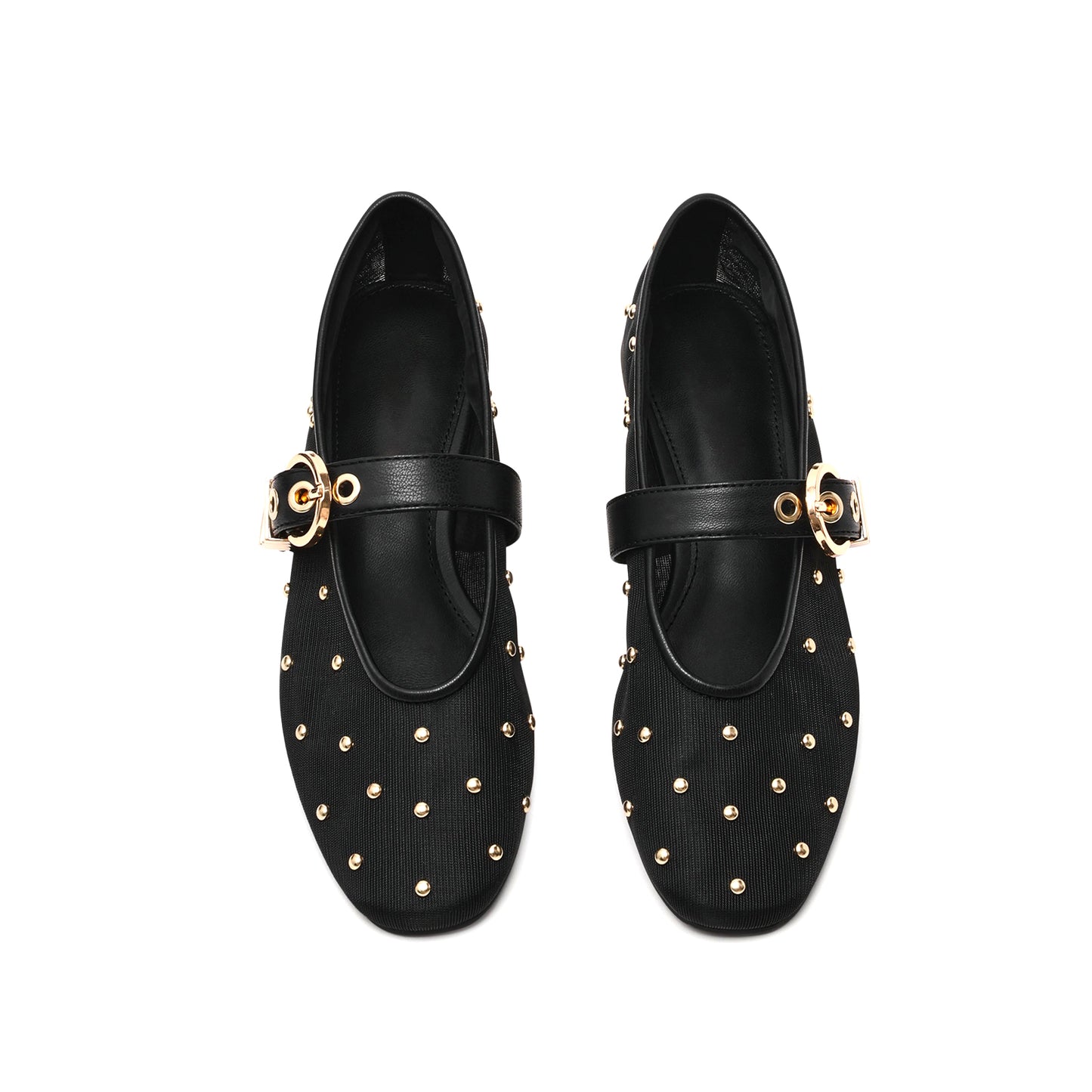 Black Studded Mesh Square-Toe Bridge Strap Ballet Flats