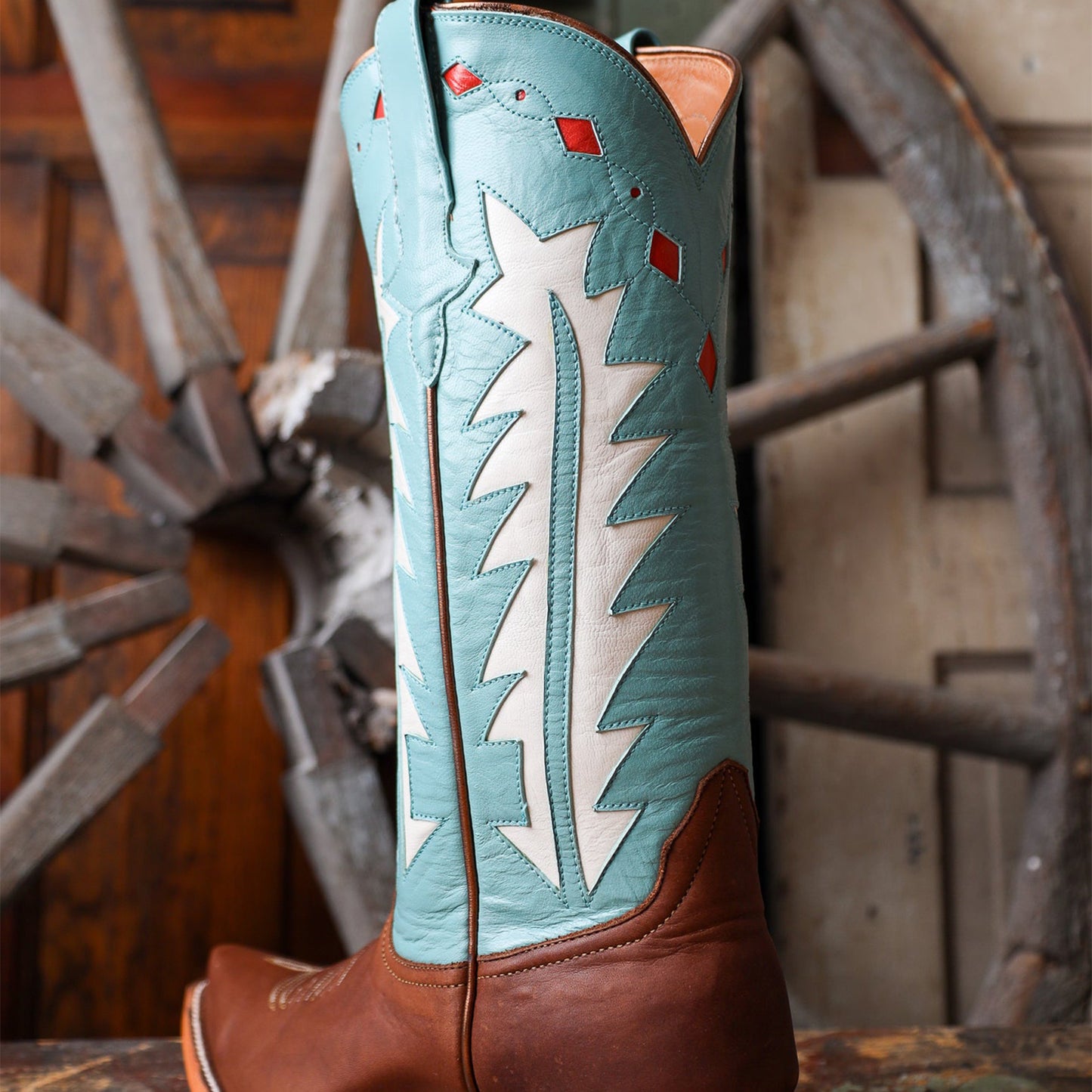 Contrast Brown And Turquoise Snip-Toe White Inlay Mid Calf Cowgirl Boots
